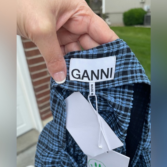 GANNI Ruched checked stretch-seersucker mini dress, Size 42 - Picture 4 of 16